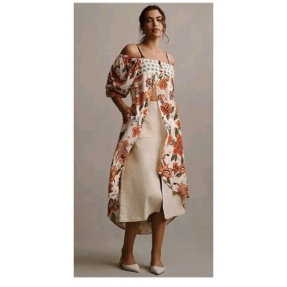 Farm Rio Anthropologie Long Tunic Top Duster Shirt Dress Leopard Floral S NWT - Picture 2 of 12